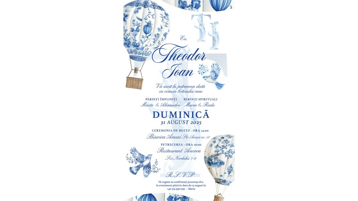 Invitație digitală botez băiat Hot Air Balloon Toile de Jouy Invitație electronică elegantă albastru si alb 1